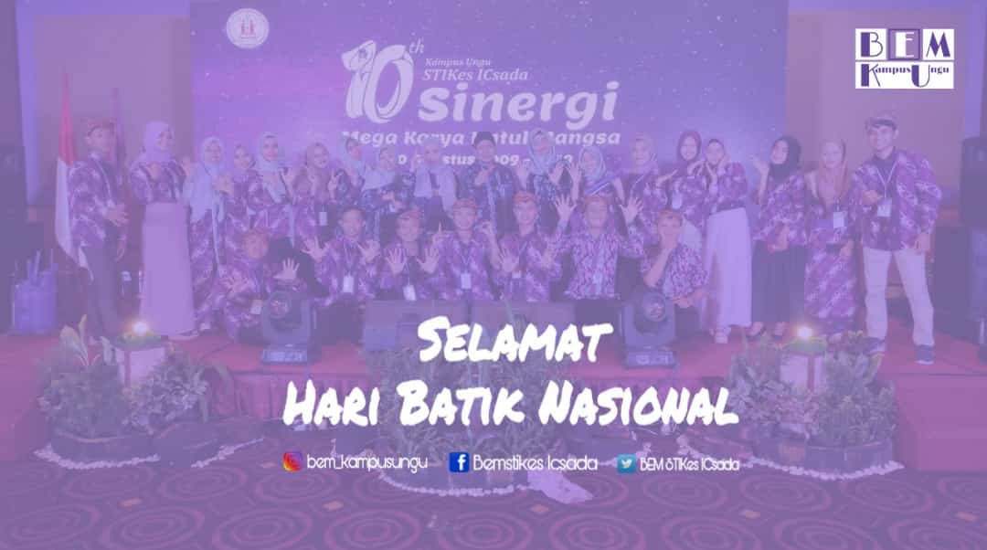 BEM_KampusUngu's tweet photo. Batik adalah pakaian yang akan memberikan kebanggaan tersendiri saat menggunakannya.
Batik adalah ciri khas yang membedakan kita dengan bangsa lainnya. Kita generasi muda bangga mengenakan batik.Selamat Hari Batik Nasional 🇲🇨💜
#icsada #stikes #kampus #mahasiswakeshatan #BatikDay https://t.co/JzxMLTkm8C