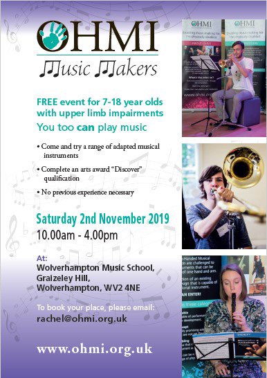 TheOHMITrust's tweet image. PLEASE SHARE - Free Event in Wolverhampton for 7-18 Year Olds with Upper Limb Impairments. @ReachCharity @WolvesCouncil @sandwellcouncil @ABRSM @ArthritisRsch @diverseability @HemiHelp @macmakesmusic @meru @musicmarkuk @openupmusic @NYO_GB @CreativeUtdUK @DisSolStaff