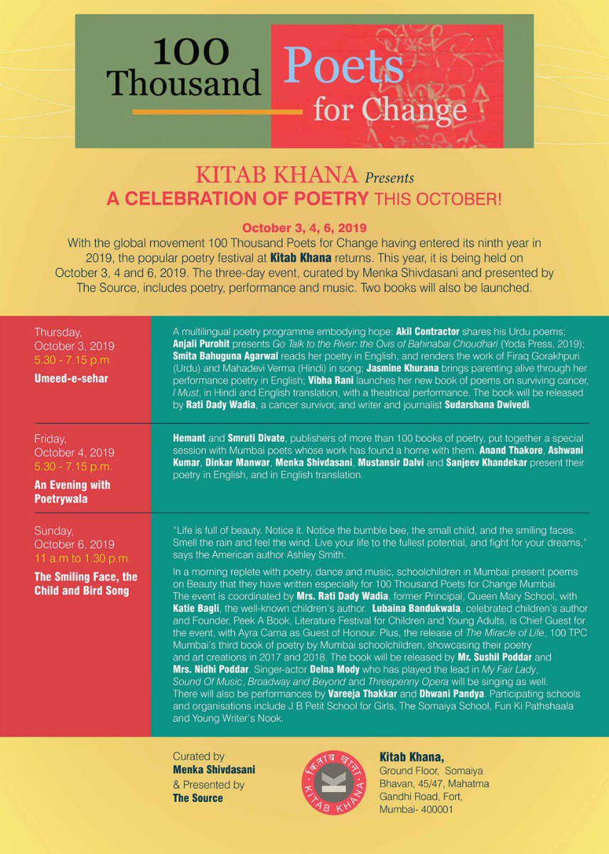 KitabKhanaBooks's tweet photo. With the global movement '#100ThousandPoetsforChange' entering the ninth year, we are delighted to announce its return to #KitabKhana on October 3, 4 & 6, 2019, curated by Menka Shivadasani and presented by The Source. Come, join us in this celebration of poetry!
#100TPC https://t.co/UwZpS9Jd7k