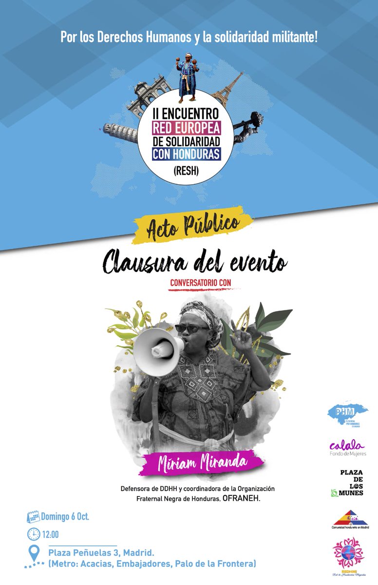 Esta semana en #Madrid II Encuentro Red Europea de Solidaridad con #Honduras, con Miriam Miranda
<a href="/baraudawaguchu/">Miriam Miranda</a>, coordinadora de <a href="/ofraneh/">ofraneh</a>. Organiza Plataforma Por Honduras en Madrid
@plataformaporH1. Estreno y proyección del documental " Las Semillas de Berta" el viernes #4Oct