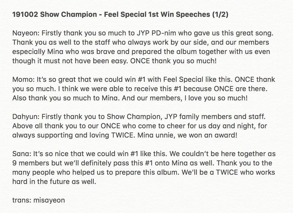 Twice Takes Their 1st Win For Feel Special Each Member S Speech Kpopthing