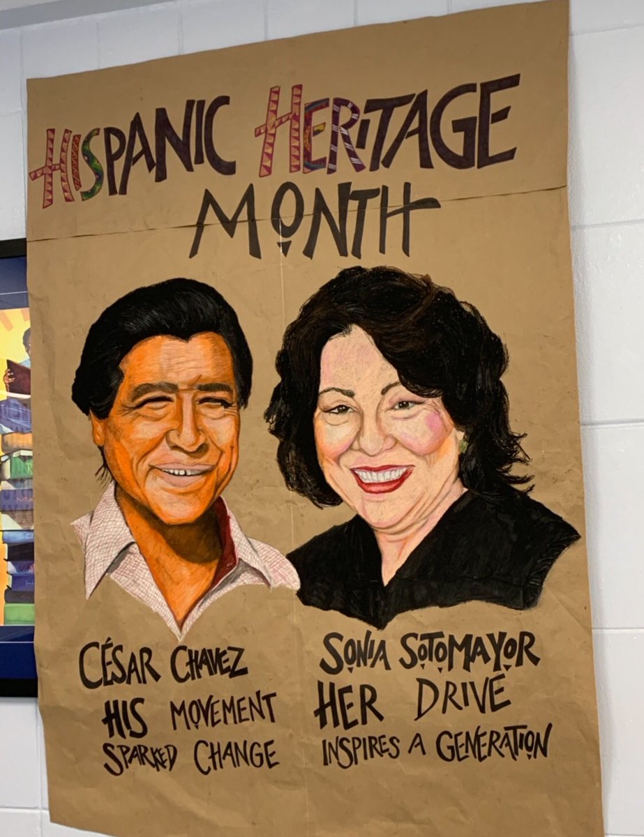 HCPSClairMel's tweet photo. Our amazing art teacher, Mr. Paret, created this display to recognize some Hispanic leaders. It’s just one way we are  celebrating #HispanicHeritageMonth! @AchievementSch @HillsboroughSch https://t.co/3nFt7i0VO2