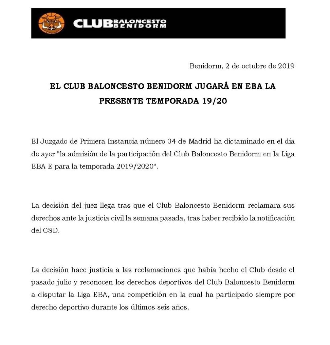 cbbenidorm's tweet photo. 📣 Comunicado oficial. La justicia civil hace escasas horas decidió la "admisión del @cbbenidorm en liga #EBA". Gracias a todos por las muestras de apoyo en estos duros meses. Clubes, instituciones, aficionados, etc. GRACIAS DE CORAZÓN 🖤🏀 #Baloncesto #Benidorm #EBA https://t.co/AEJV9f5AtE