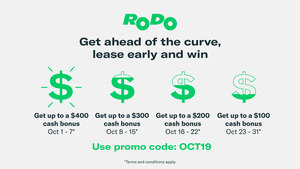 DriveRodo's tweet photo. Lease early and save! Get up to a $400 cash bonus when you lease a vehicle with us before October 7.  Use promo code OCT19 before placing your order. #ReadySetRodo

https://t.co/YtnL0wPAga https://t.co/YpD7b26pAv
