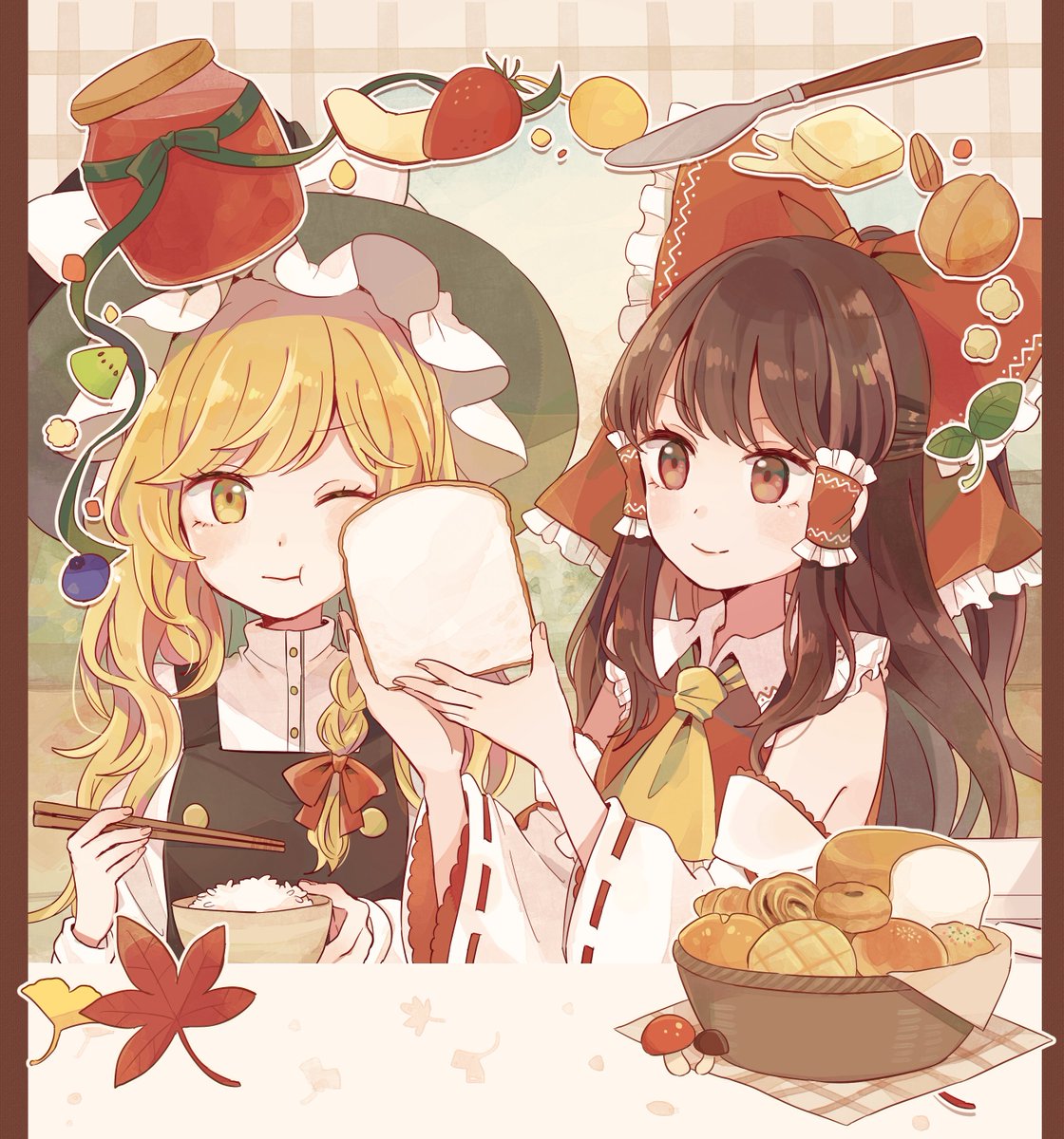 博麗霊夢 ,霧雨魔理沙 「秋季例大祭と紅楼夢の新刊表紙絵?秋のパンまつりなレイマリ本です 」|もずくず🐘例大祭う34bのイラスト