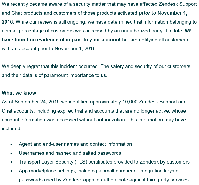 kloudfyre's tweet photo. #Zendesk reports potential breach of 10,000 support and chat accounts. An email was sent to Zendesk  today from their CISO Maarten Van Horenbeeck.

#cybersecurity #databreach #infosec #dataprivacy https://t.co/OIvz0w59WK