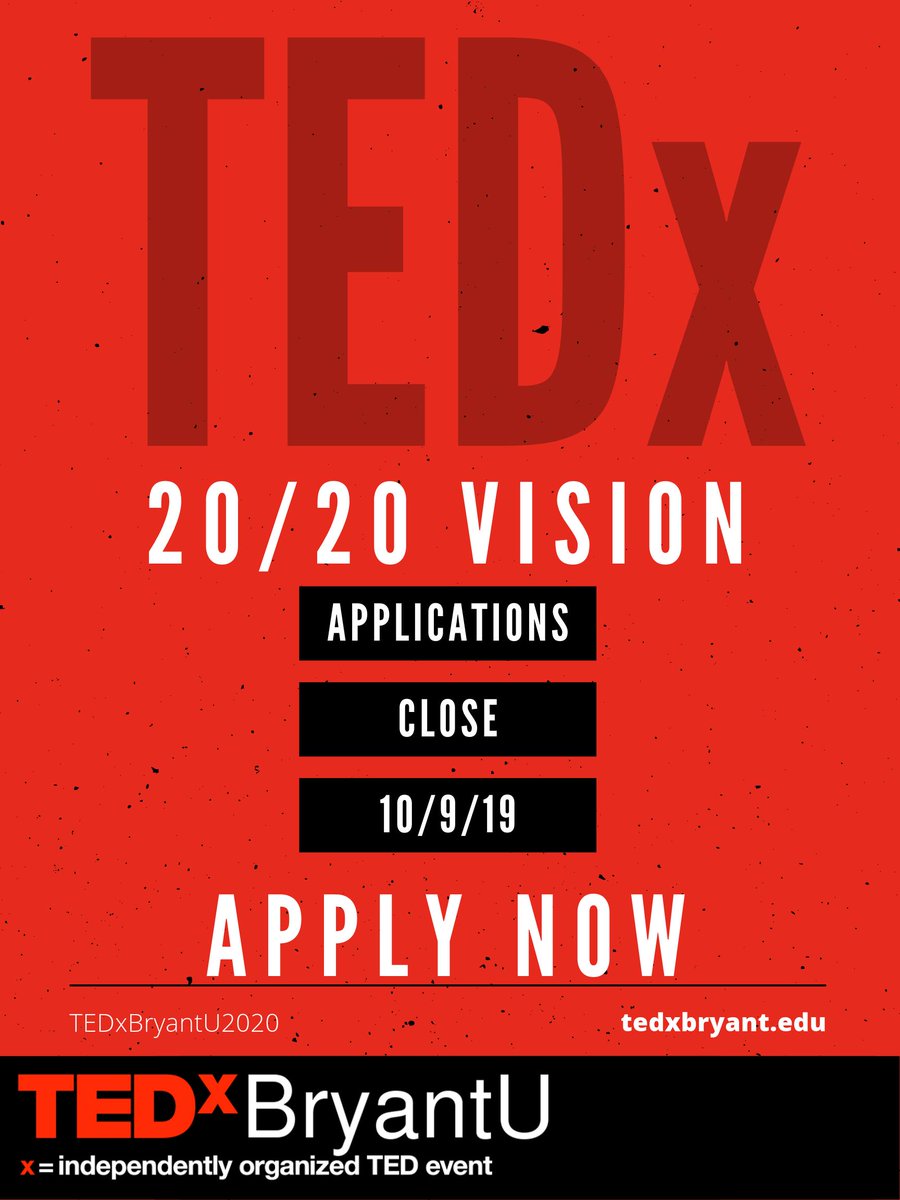 Applications are still open! Make sure to apply before October 9th 2019. Use this link to apply: forms.office.com/Pages/Response…
<a href="/BryantUniv/">Bryant University</a> <a href="/TEDx/">TEDx</a> #2020vision #TEDxBryantU2020