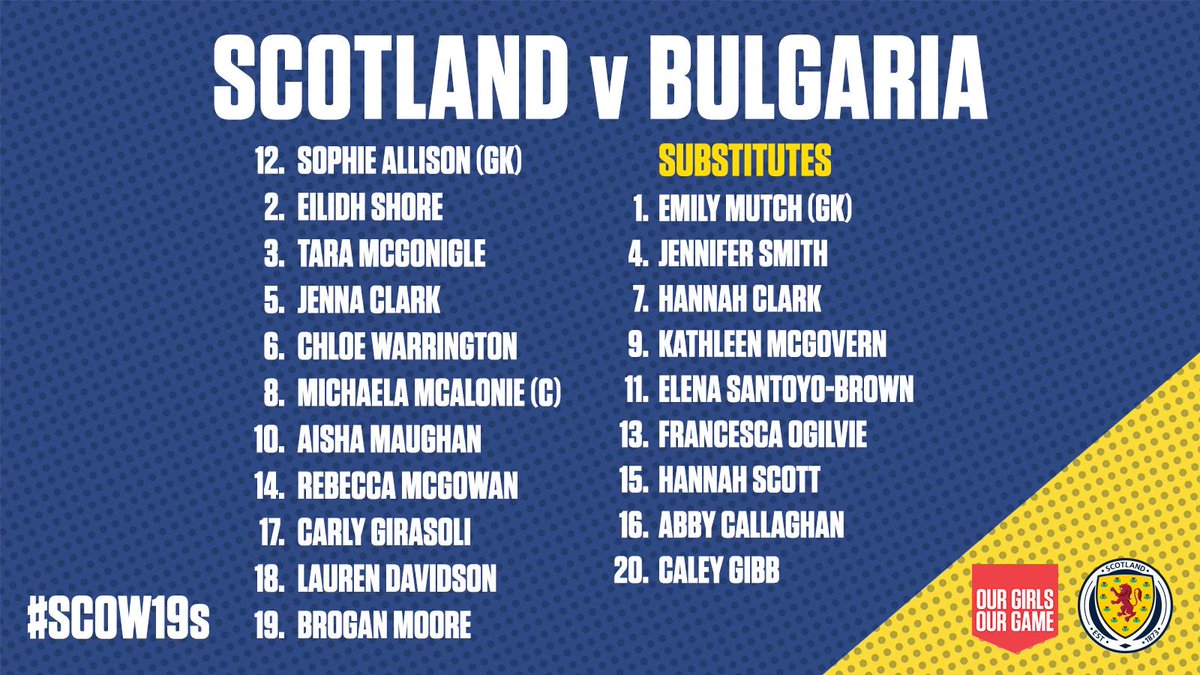 #SCOW19s | Here is today's starting line-up for our first UEFA Qualifier against Bulgaria.

🆚 Scotland v Bulgaria
🏆 UEFA WU19 Championship qualifying round
🕖 4pm
📍 GKS - Belchatow
➡ Preview: scotfa.co/w19qrprv

#OurGirlsOurGame