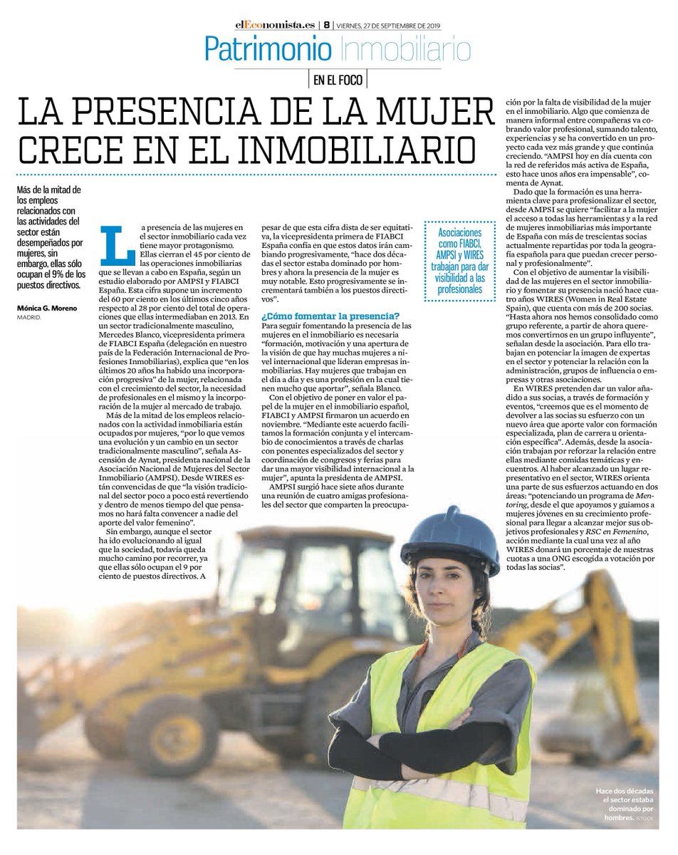 La mujer es cada día más importante en el sector inmobiliario español. El Economista profundiza en el tema en este artículo que cuenta con Mercedes Blanco, vicepresidenta primera de FIABCI España, como fuente de opinión experta