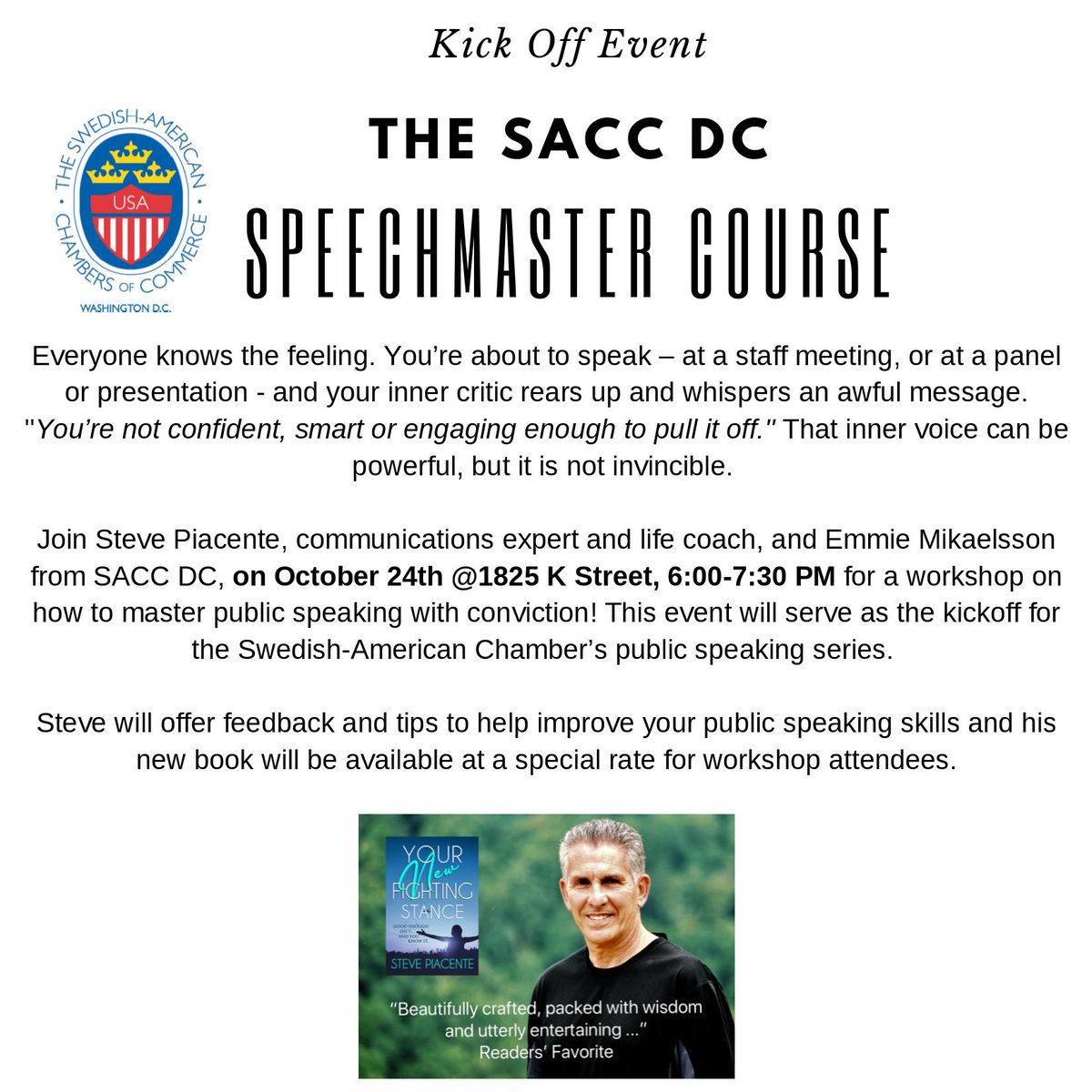 DCSACC's tweet photo. Are you a #youngprofessional in the #DC area looking to improve your #publicspeaking skills?

Join #communications expert and #lifecoach @wordsprof at the kick off event for the our Speechmasters public speaking course on #October 24. Only $10!

More here: https://t.co/WVZD3fAEsT https://t.co/VVxkgGRrzD