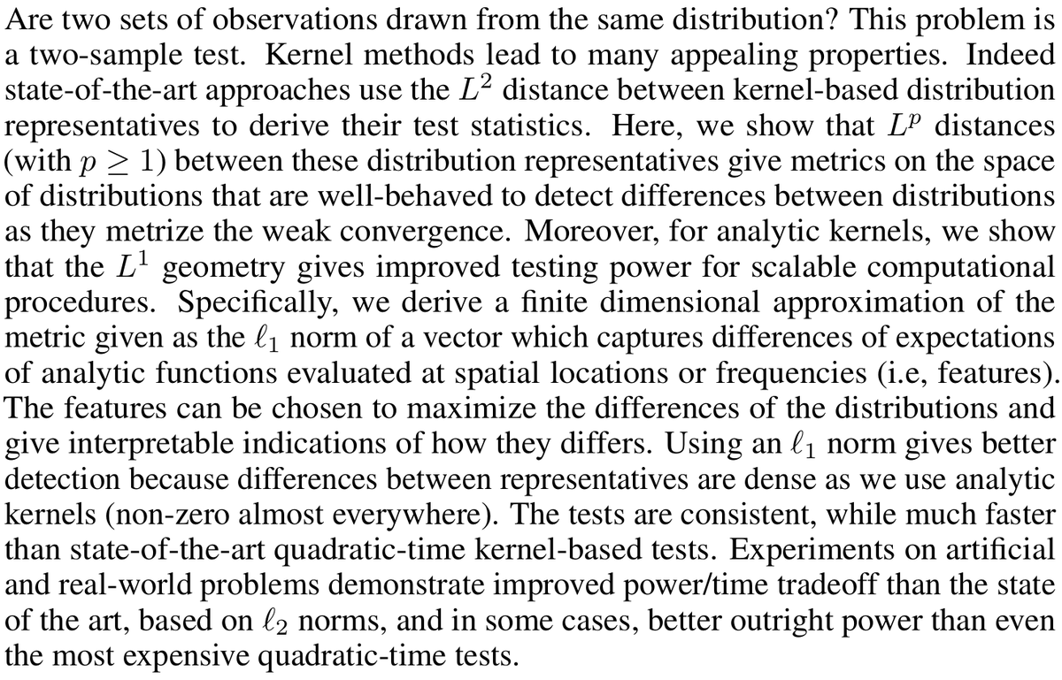 GaelVaroquaux's tweet photo. Comparing distributions: ℓ1 geometry improves kernel two-sample testing

Our #NeurIPS2019 paper with @ScetbonM
https://t.co/BErD9jFgiA

Revisit metrics between distributions based on kernel embedding (inspired by MMD) and show benefits of ℓ1 distances of embeddings: |μ₁ - μ₂| https://t.co/DCmKyZBLk5