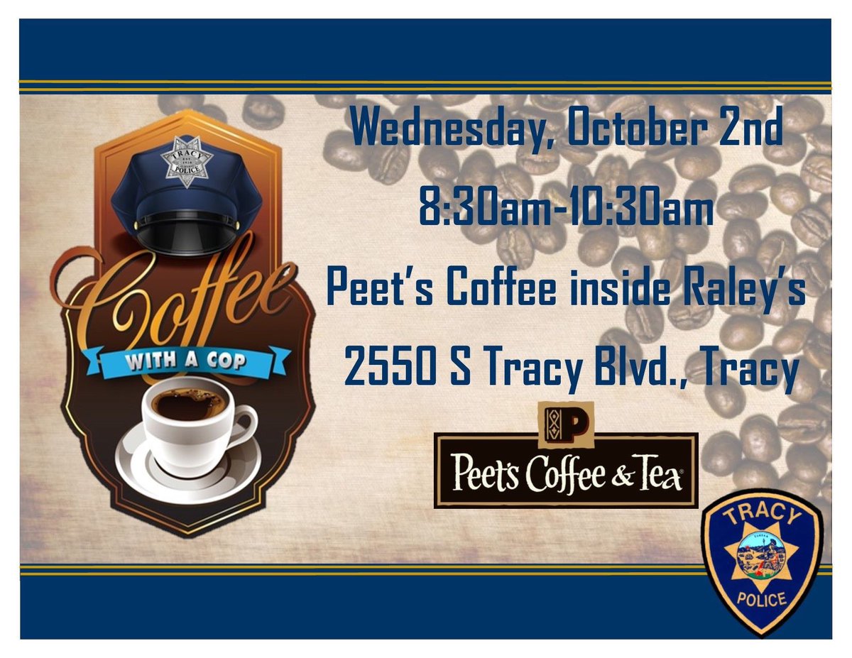 cityoftracy's tweet photo. Good morning, #Tracy! @tracypd is hosting one of the 800+ National #CoffeeWithACop Day events that are taking place nationwide today! See you soon πβοΈπ
#CWAC #TracyCA #ThinkInsideTheTriangle #CityOfTracy #TracyPolice #TracyPD https://t.co/P3aiTYCzOa