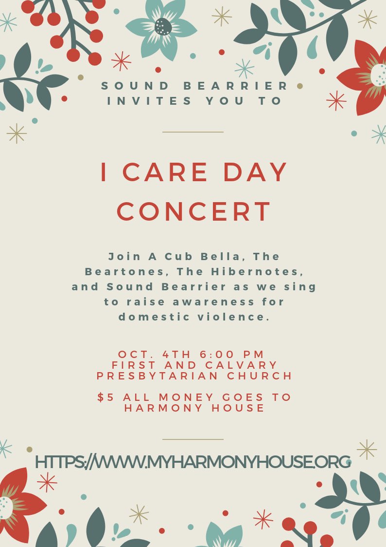 SoundBearrier's tweet photo. Want to catch ALL FOUR A CAPPELLA GROUPS IN ONCE CONCERT? Join us this Friday as we raise money and awareness for Domestic Violence #iCare 💜 https://t.co/zL4rtKE7XZ
