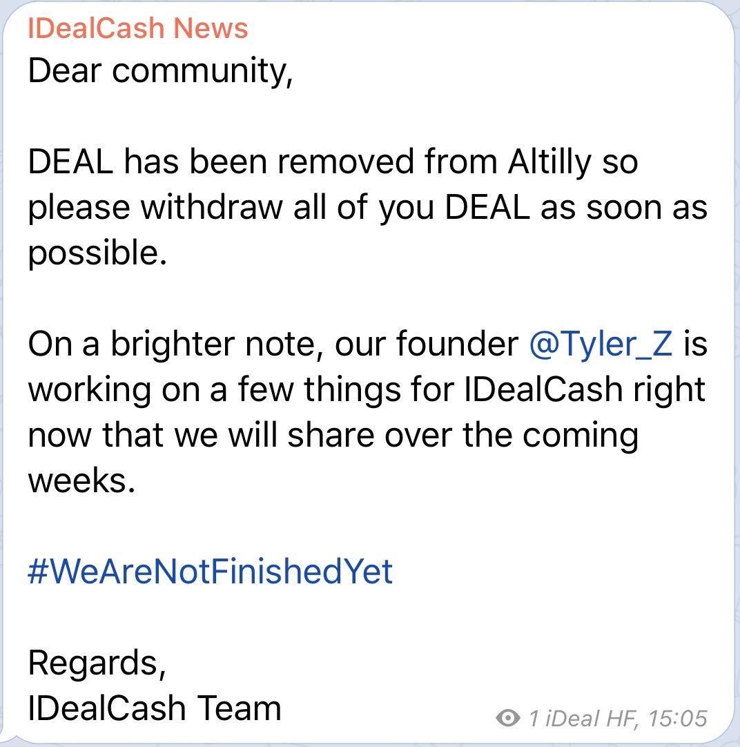 Dear Community,

An announcement for you all!

More to come!!!

#WeAreNotFinishedYet
#COMEBACK 
#idealcash
$DEAL
$DEALT