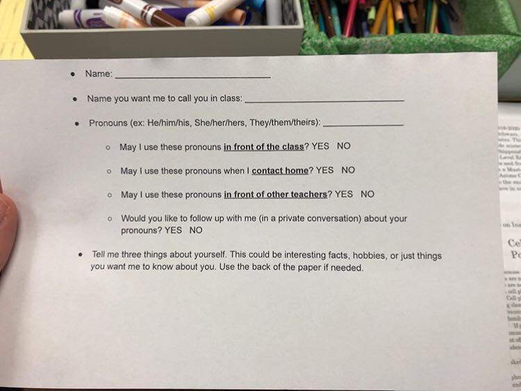 EliErlick's tweet image. If you're worried about asking pronouns outing trans students, here's a simple solution: