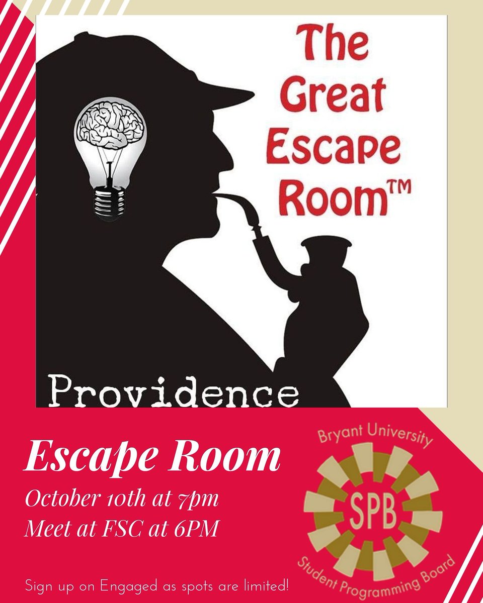BryantSPB's tweet photo. Join SPB next week for a trip to an Escape Room. Sign up on your own or with a team of up to 10 on Engaged! https://t.co/5OsJeKHsSM