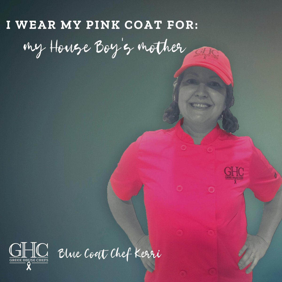 GreekHouseChefs's tweet photo. #BlueCoatChef Kerri is wearing pink in support of her House Boy's mother. He noticed her pink jacket and told her a heartwarming story about his mother's battle and success in beating cancer. We are wearing pink this month in support of #breastcancerawareness https://t.co/suolmtZrsW