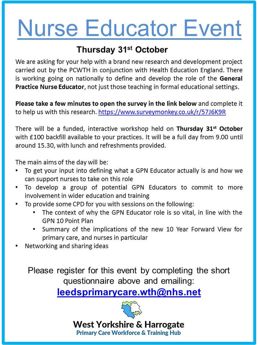 LeedsPCWTH's tweet photo. We are hosting a funded workshop on Thursday 31st October in Leeds for #NurseEducators which focuses around #mentoring, #nurseleadership and #GPN10pointplan.
If you're interested in the event, please drop us a message or DM and we'll tell you more! https://t.co/7EbCikxwxb