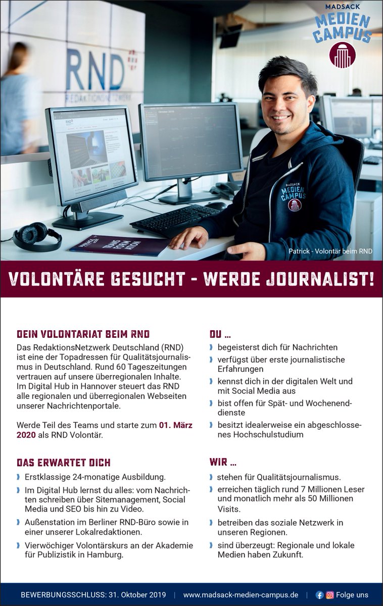 Digital, national, lokal - und dann auch noch im schönen Hannover: Kommt zu uns ins #RND in den digitalen Newsroom - wir suchen wieder Volontäre. Und freuen uns auf Euch. Worum es genau geht:
madsack-medien-campus.de/unserevolontar… #Journalismus #TeamMadsack