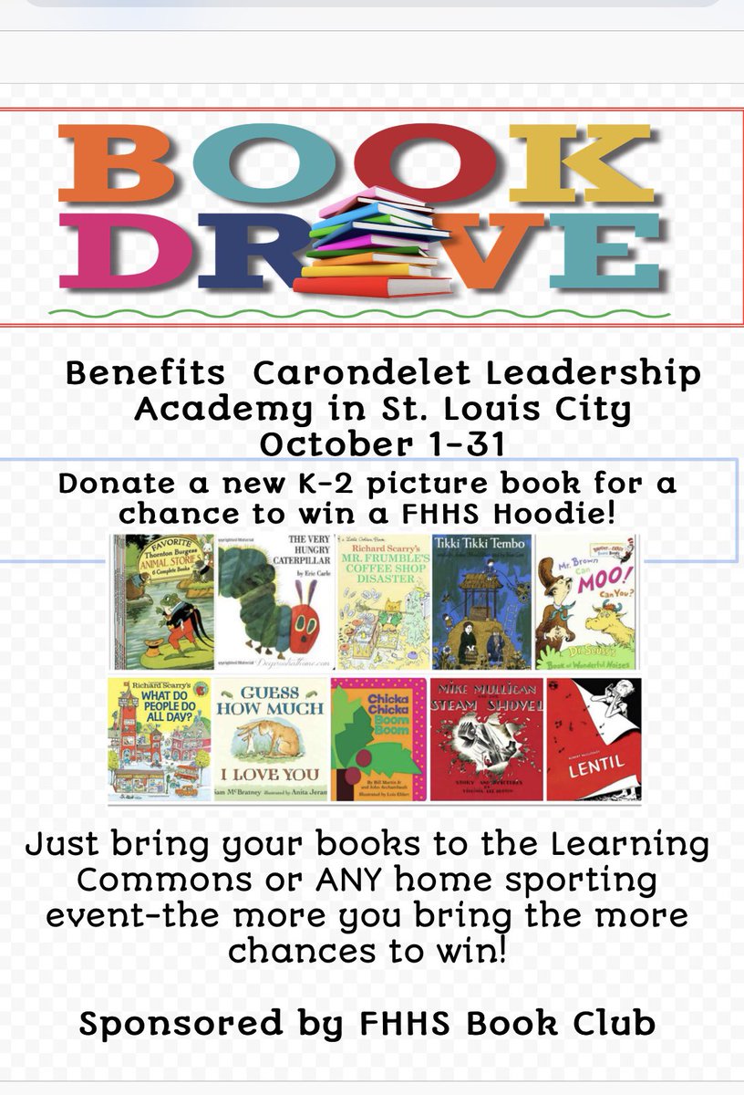 kimschark's tweet image. FHHS Book Club  is sponsoring a book drive during the month of October! Collection box will be at entry gates at ALL levels of Volleyball , Soccer and Football and in the Learning Commons! @FHVikings @FHHSGirlsVB @12tHManBoosters @FHHSPrincipal @howellsoccer
