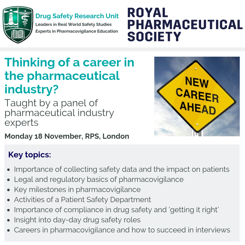 DSRUDrugSafety's tweet photo. Are you a pharmacist who's thinking of a career in drug safety? Join us on 18 November for our exciting new course with @rpharms to find out what it’s like to work in pharma https://t.co/e3QMwlymBq #Drugsafety #Pharmacovigilance #Careers #pharmacists https://t.co/08FKUTGlO9