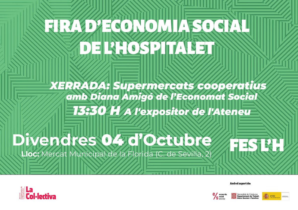 Recordeu que aquest divendres tenim la primera fira d'economia social d'Hospitalet. Des de l'expositor de La Col·lectiva realitzarem la Xerrada de "Supermercat Cooperatius" amb Diana Amigó de l'Economat Social.

A les 13:30 hores, al Mercat de la Florida.