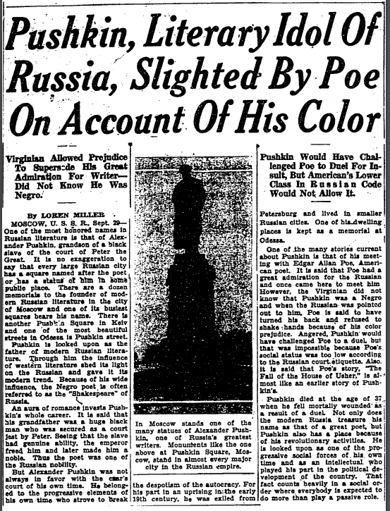 SRSUIUC's tweet photo. Edgar Allen Poe one time snubbed Aleksandr Pushkin, nearly triggering a duel. Find out why guns were not drawn in this article from October 1, 1932 published in the Pittsburgh Courier. It should be noted that the article uses the language of the period. https://t.co/1BAJfLF8Jc https://t.co/vKAU4Zdz2X