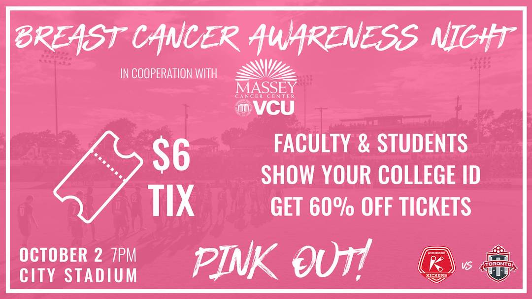 Tonight! Wear pink to kick off #breastcancerawareness month with <a href="/RichmondKickers/">Richmond Kickers 🦘</a> vs <a href="/TorontoFCII/">Toronto FC II</a> at <a href="/CityStadium_RVA/">City Stadium</a>. The first 400 fans receive a free Massey #PinkOut t-shirt! Gates at 5:30 pm, game at 7. #RVA