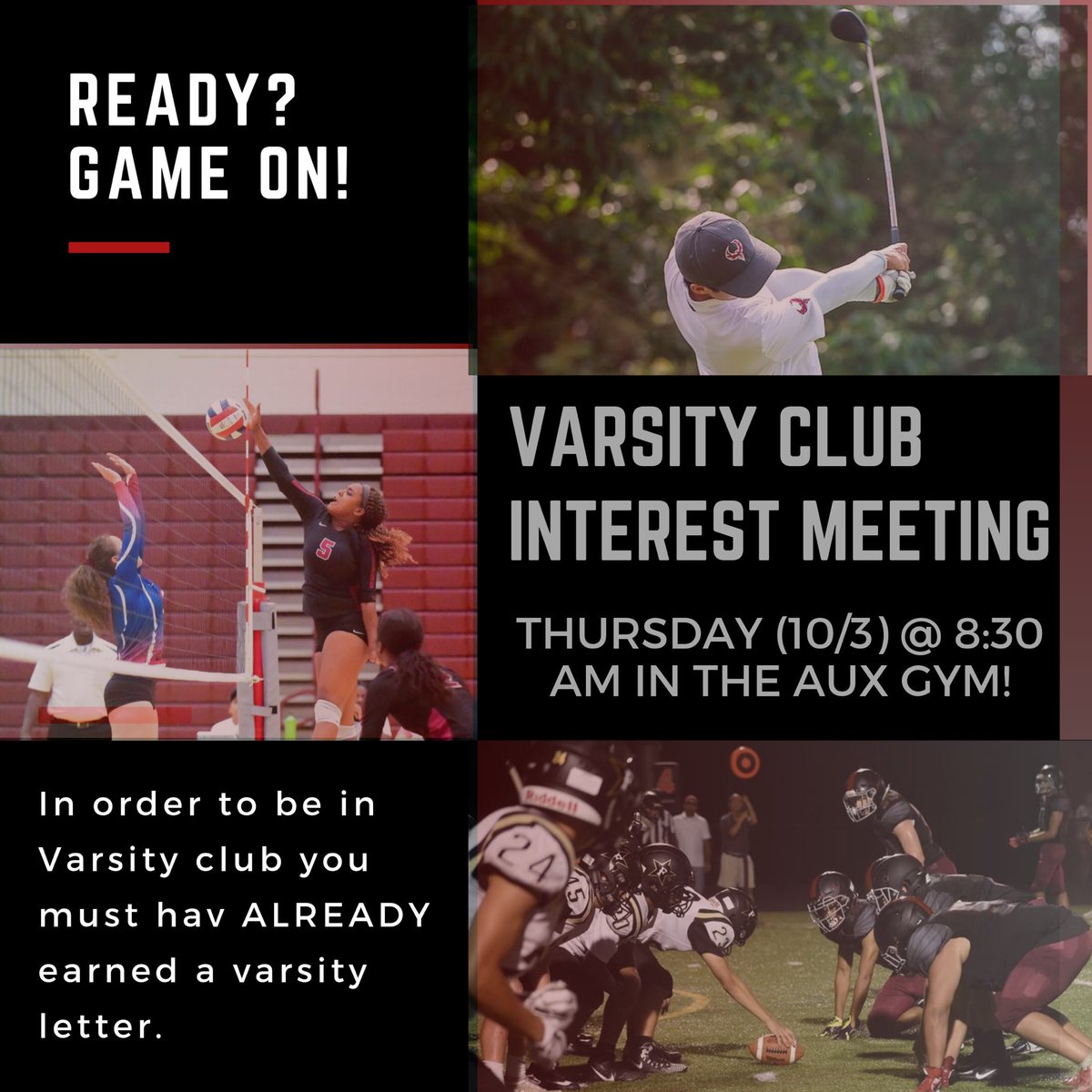 rrhs_varsity's tweet photo. 🚨DON’T FORGET!🚨                                    Interest meeting tomorrow at 8:30am in the aux gym! Contact Mrs. V if you have any questions! #rrhsvarsityclub https://t.co/VsyQ5TwT7t