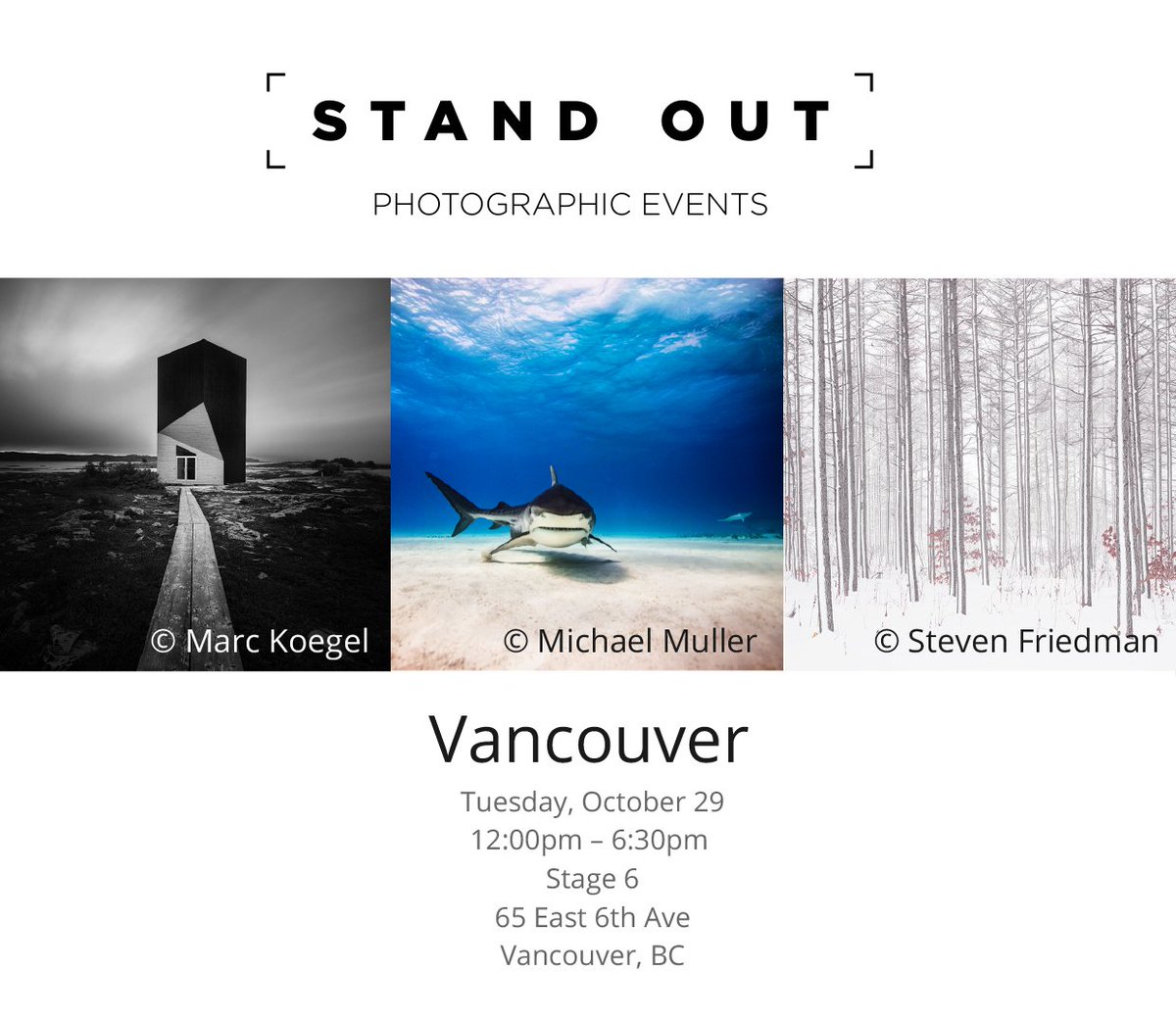 standoutphotoev's tweet photo. Join us at STAND OUT Photo Events on Wednesday, October 29th in Vancouver, BC. The event brings together top-level photographers and industry experts to share their innovative approaches to the art and business of photography. 
Reserve your spot today: https://t.co/ZkAAmFVSEH https://t.co/Ab1Vca5sbg