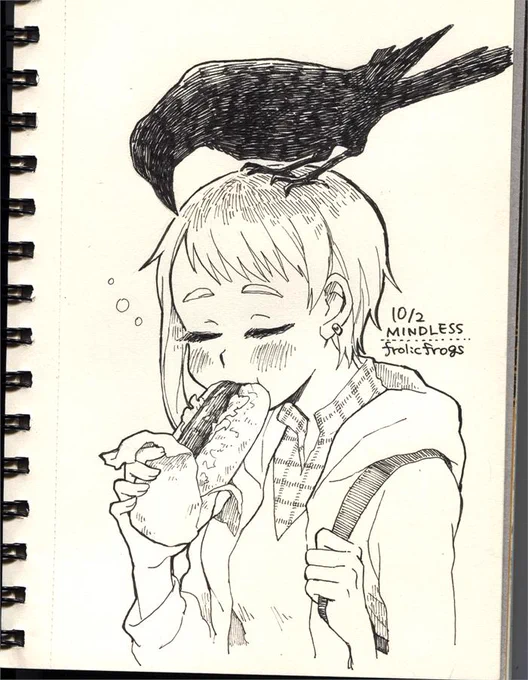 創作らくがき10/2 mindless （eating）「おい、寝ながら食うな！」#Inktober #Inktober2019 