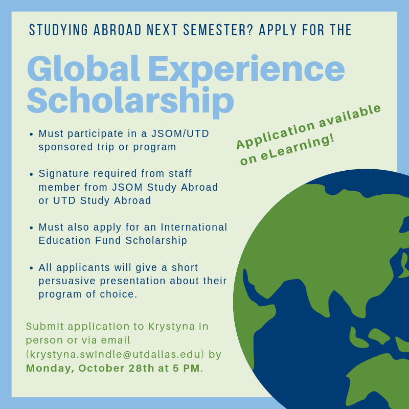 UTDallas_DMHP's tweet photo. DMHP students, don't forget to apply for the GES if you plan to study abroad in Spring 2020! Deadline is October 28th. https://t.co/ZqEc8uUwVE