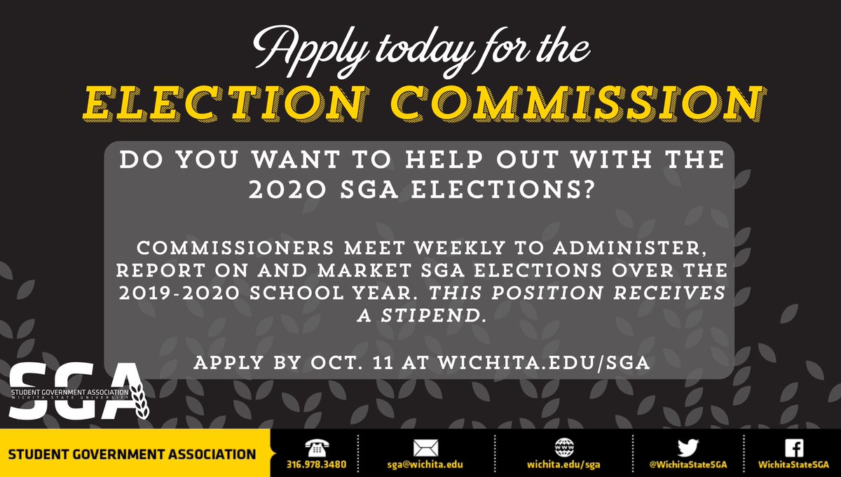 WichitaStateSGA's tweet photo. We have open positions for both the Election Commission and the Student Fees Committee. Applications are due by October 11th and can be found at https://t.co/zNZ7AMv6LN 
#wichitastatesga https://t.co/N55llOdPwu