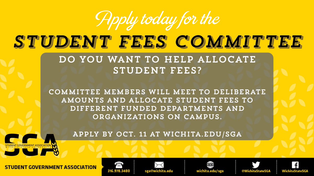 WichitaStateSGA's tweet photo. We have open positions for both the Election Commission and the Student Fees Committee. Applications are due by October 11th and can be found at https://t.co/zNZ7AMv6LN 
#wichitastatesga https://t.co/N55llOdPwu