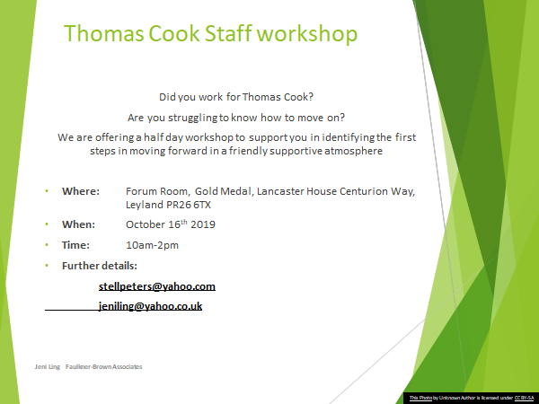 This is an update for our free workshop with venue times and dates. Please contact us if you would like a place, so we can arrange room size catering etc #thomascookstaff #ThomasCookCollapse 
Please retweet