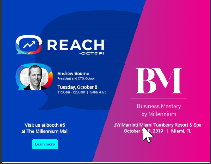 getreachai's tweet photo. REACH โขBy Octopi is a Diamond Sponsor at Business Mastery by Millennium next week. Come see us at the Millennium mall or at our session and we can show you how REACH integrated with Meevo 2, automatically fills your last-minute appointments and cancellations. #SpeakMastery #CDP https://t.co/43kwCTBRnb