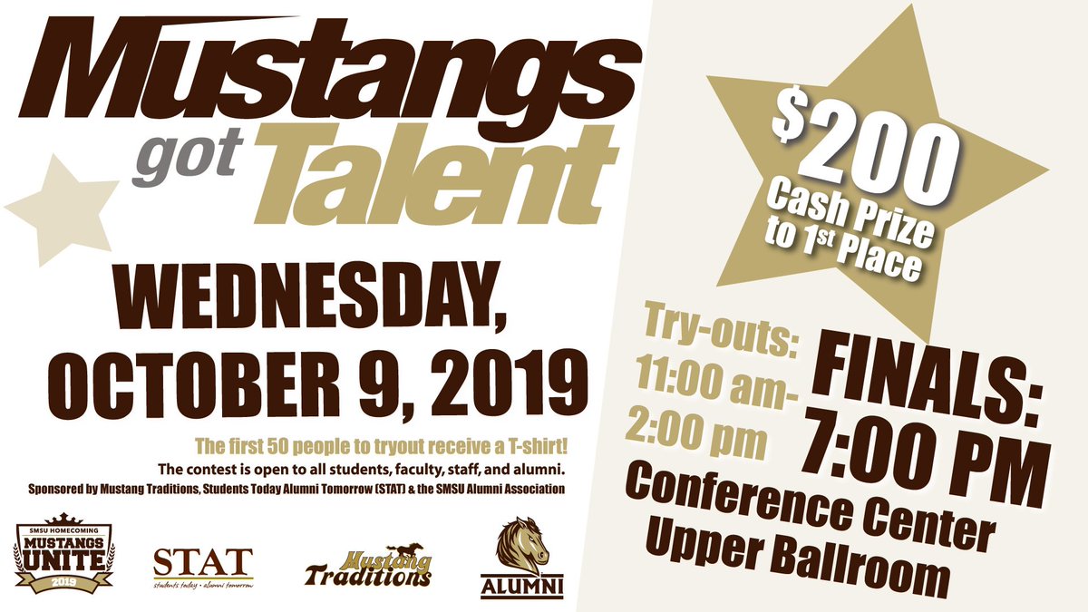 Mustangs Got Talent will be held on Oct. 9.

All students, faculty, staff, and alumni are eligible to participate. Register at STAT tabling from 11-1 p.m. on Sept. 25-27 and Oct. 2-4, 7-8 for a time slot. Walk-ins are welcome, if time allows. 

#MustangsGotTalent #SMSUHomecoming