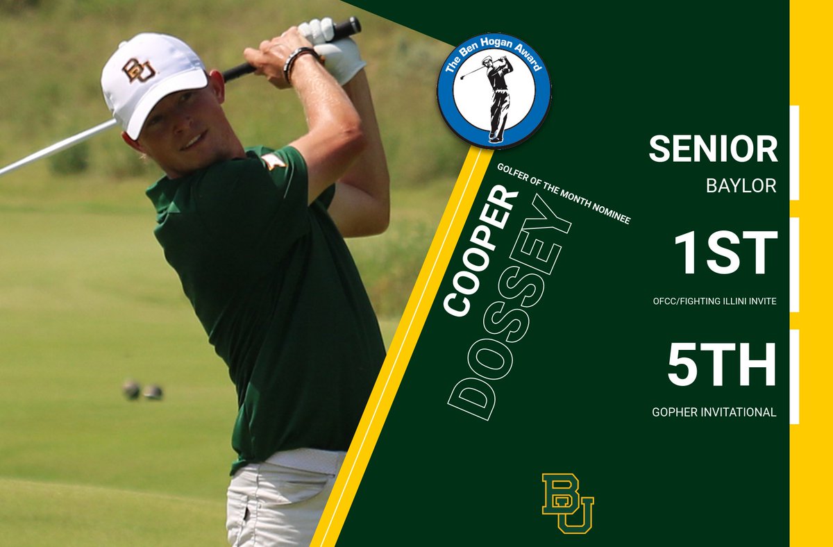 BenHoganAward's tweet photo. Vote for Cooper Dossey (@Cdosseygolf) of @BaylorMGolf for the Ben Hogan Award September Golfer of the Month by retweeting and liking this post. The fan vote winner on Twitter will receive one committee vote. #CastForCooper https://t.co/0DM9hOTYpF