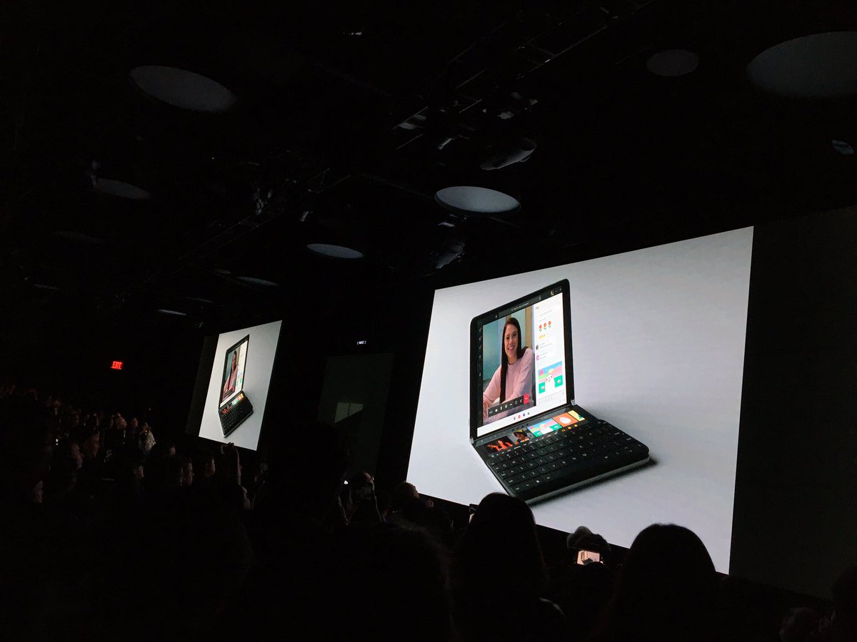 branttom's tweet photo. Here’s the Surface Neo foldable concept. Won’t be ready for another year at least. #MicrosoftEvent https://t.co/b4g67eLQKu