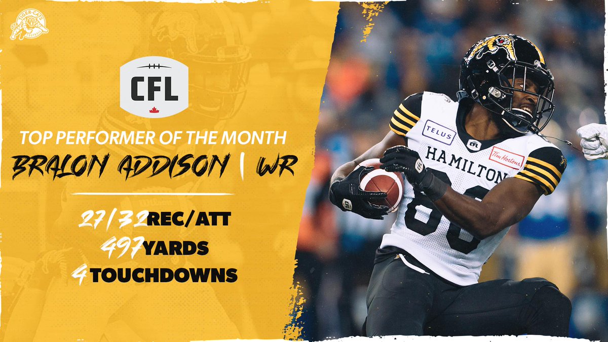 Ticats's tweet photo. Bralon Addison (@BralonAddison2) has been named the @CFL's Top Performer of the Month for September...

#Ticats | #EatEmRaw https://t.co/AB0tJGaHSS