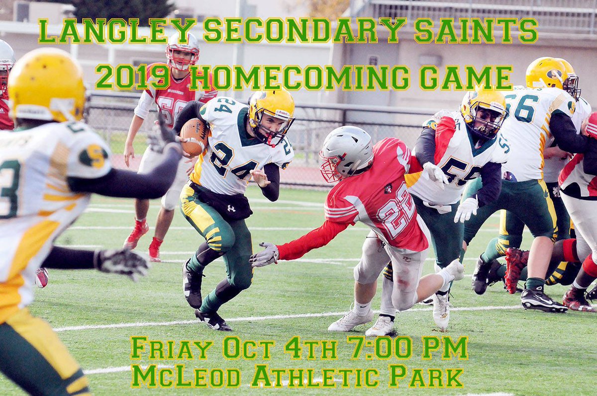 This Friday come out and support your Langley Saints at their Homecoming game! McLeod Athletic Park opening ceremony starting at 650 PM. Langley's ONLY HS football program! <a href="/LangleySS/">Langley Secondary School</a> <a href="/LangleySchools/">Langley Schools</a> <a href="/LangleyCity_/">Langley City</a> <a href="/LangleyTownship/">Township of Langley</a> <a href="/coachryk/">Ryk Piche</a> <a href="/BCHSFB/">BC HS Football</a> <a href="/theBCSportsHub/">BC Sports Hub</a> <a href="/htsumura/">Howard Tsumura</a>