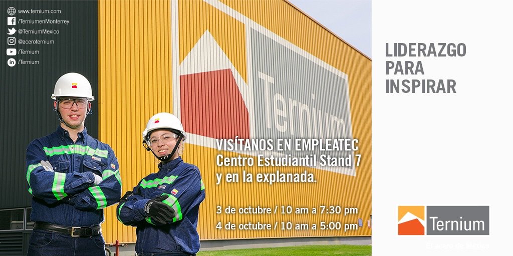 TerniumMexico's tweet photo. Conoce más de Ternium en el Empleatec 2019 este 3 y 4 de octubre. Vive nuestra pasión industrial. #Empleatec2019 #TalentoTec #EligeTernium https://t.co/A5tWnDtwq8