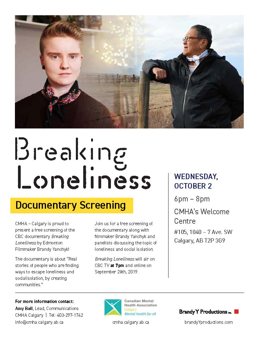 Brandy Yanchyk (@brandyyanchyk) on Twitter photo If you are in #Calgary tonight come by the Welcome Centre at 6pm at the <a href="/CMHACalgary/">CMHA Calgary</a> to watch a free screening of my new #documentary #BreakingLoneliness. We will have a Q&A after the film. #MentalHealthAwareness If you are in #Calgary tonight come by the Welcome Centre at 6pm at the <a href="/CMHACalgary/">CMHA Calgary</a> to watch a free screening of my new #documentary #BreakingLoneliness. We will have a Q&A after the film. #MentalHealthAwareness