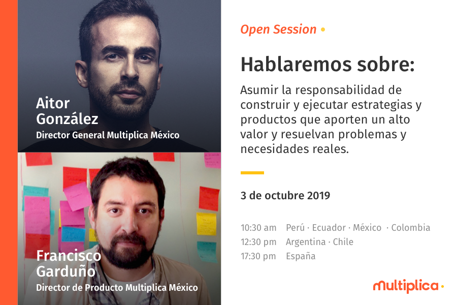 multiplica's tweet image. ¿Ya te registraste en la #OpenSessionMX de esta semana? Estaremos con Aitor González y Francisco Garduño hablando sobre cómo diseñar productos responsables y generar principios de producto. Te esperamos, apúntate aquí: lnkd.in/epSFWSJ