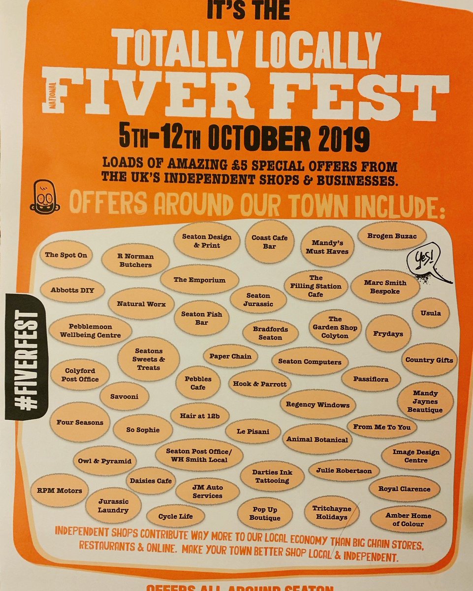 From 5-12 Oct, Seaton will be taking part in The Totally Locally Fiver Fest! Our town's fantastic small businesses and shops will be offering special £5 offers across the week. Do join in and celebrate our town!

#totallylocalseaton #fiverfest