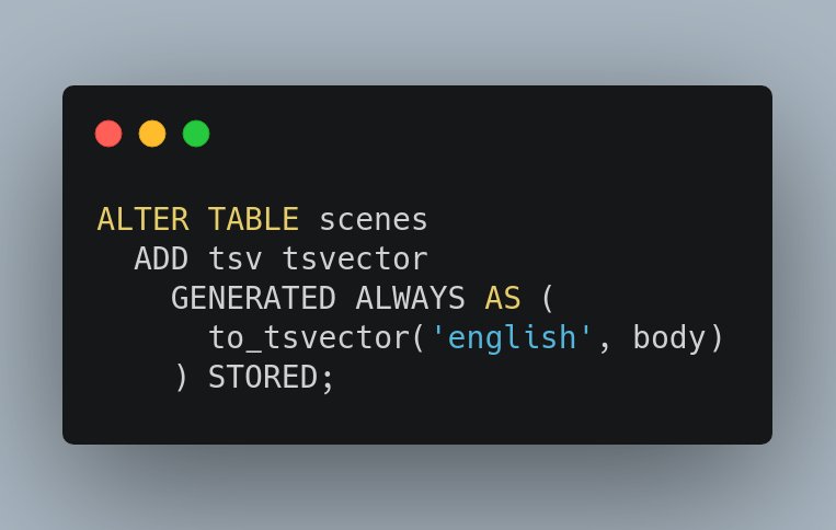 pauloxnet's tweet image. Generated Columns is a new interesting feature of #PostgreSQL12 🐘
As in this article's example you can easily
"... add #fulltextsearch support to a table using #generatedcolumns ..."
CC @PostgreSQL