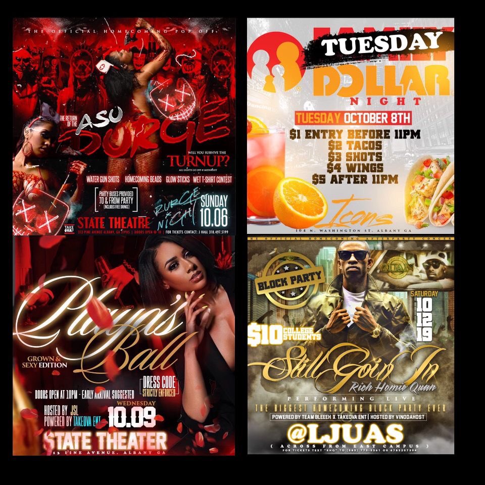 NyasiaaaDanayyy's tweet photo. ASU HOMECOMING 2K19 LINE UP

Sunday-  👺👺 #ASUPURGE 👺👺

Tuesday- 💲Dollar💲 Night @ Icons ✌🏾

Wednesday- Playa’s Ball(Red Carpet Event) 💃🏽💃🏽

Saturday- Rich Homie Quan Live @ L’Juas🎤🎤

🔥🔥🔥 @TakeOva123 🔥🔥🔥
#ASUHOMECOMING2K19 #ASUTWITTER https://t.co/VnT4FzNEBv