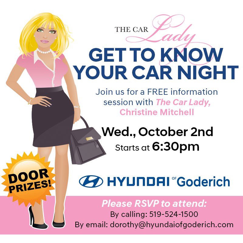 carladycanada's tweet photo. @GoderichHyundai TONIGHT IS #knowyourcarnight Don’t miss it! #Goderich https://t.co/EV58msV90g