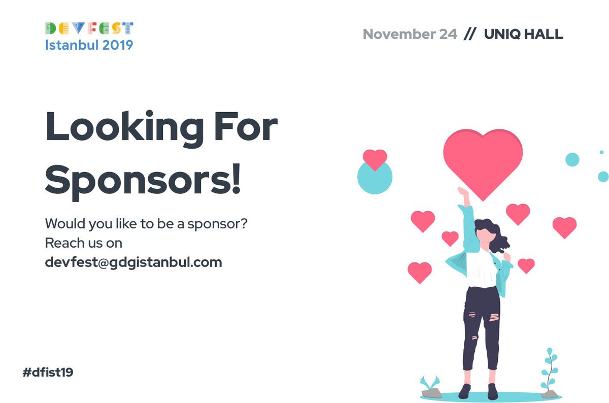 Türkiye’nin en büyük geliştirici etkinliği olan DevFest Istanbul 2019'a sponsor olmak ister misiniz? 🤩 24 Kasım günü 1500'den fazla geliştirici ile bir araya gelmek, yeni yüzler tanımak ve kullandığınız teknolojilerden bizlere bahsetmek için hemen bizimle iletişime geçin 🥰