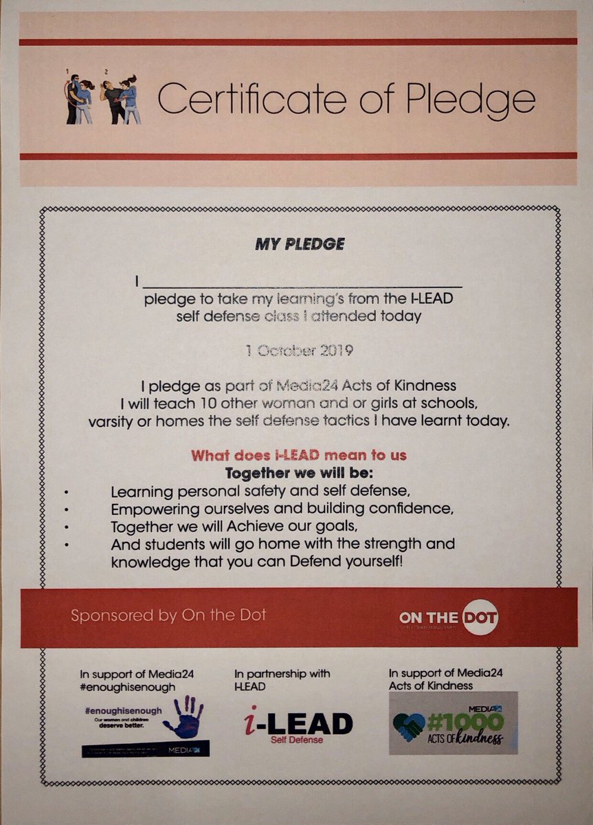 ILeadSelfDefens's tweet photo. We are in awe of the Pledge signed by On The Dot & @media24 to share Self Defense lessons learnt and empower women they know. Our challenge to you ... join the movement and keep this momentum going.
#EnoughIsEnough #1000ActsOfKindness #ILeadSelfDefense https://t.co/pAdQYyLbHr